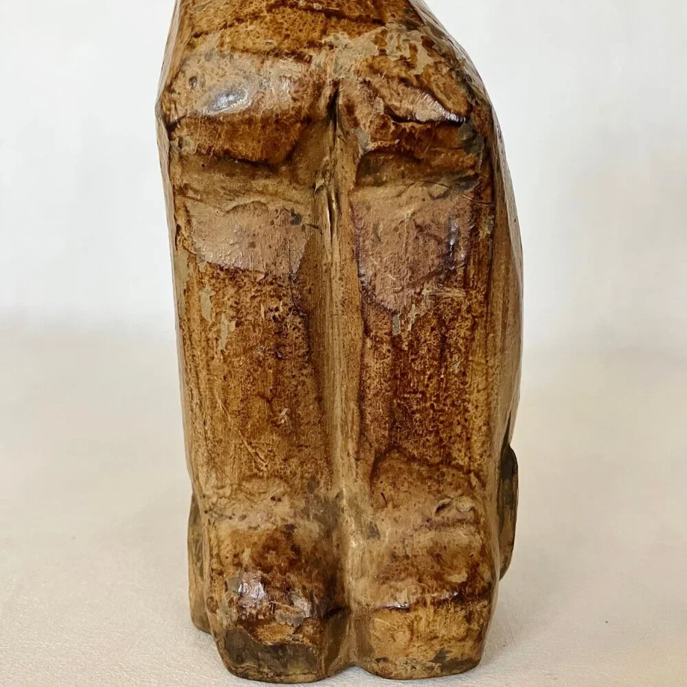 Wooden Kitty Cat Statue Figurine Brown Carved Wood Sitting Animal Sculpture Cute